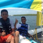 Two students participating in a sailing lesson in Simpson Bay Lagoon. 
