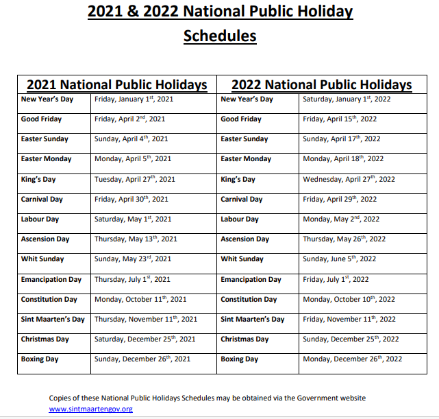 2021 And 2022 National Public Holiday Schedules
